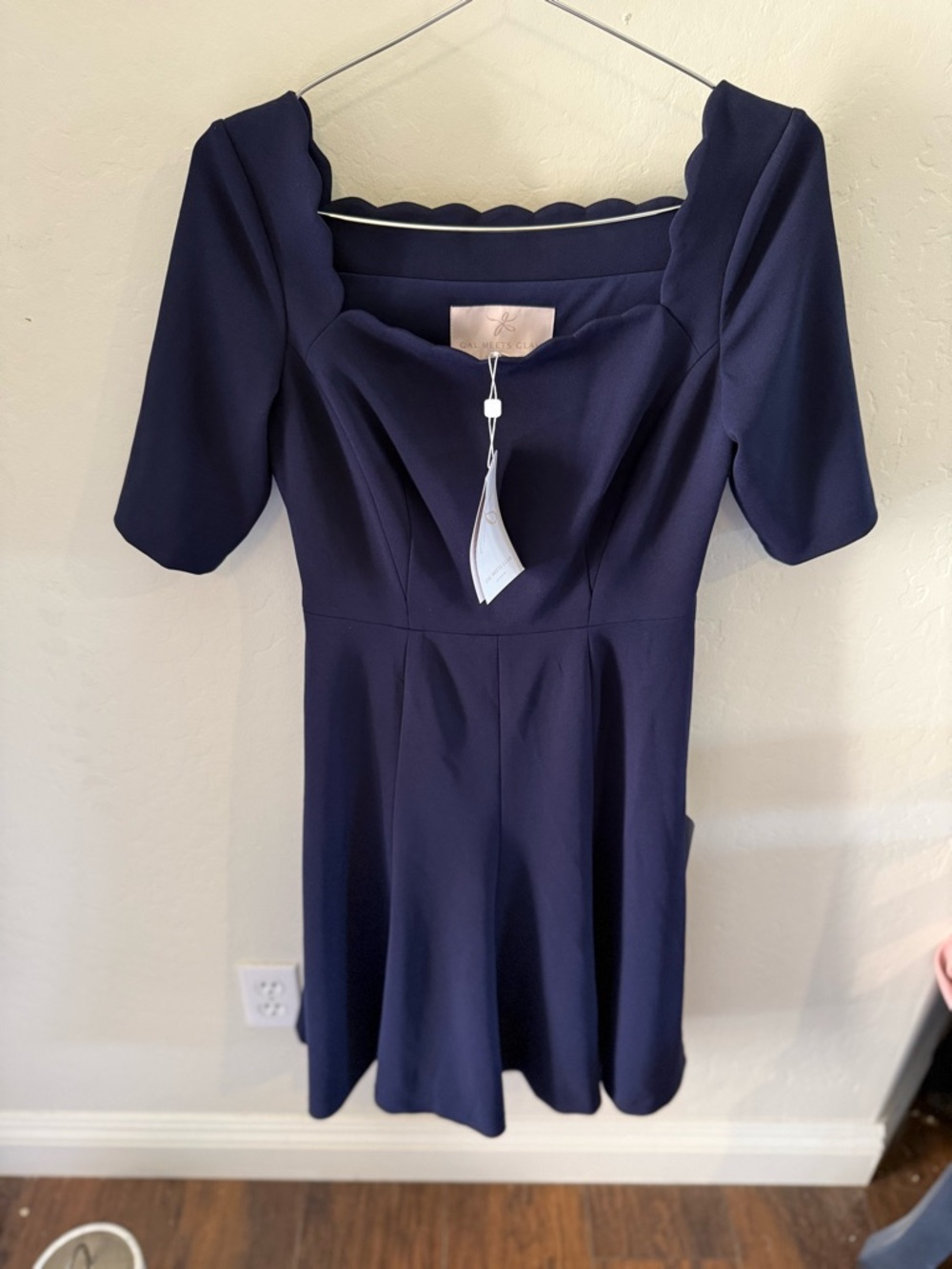 Gal Meets Glam Navy Scallop-Trim Fit-and-Flare Dress